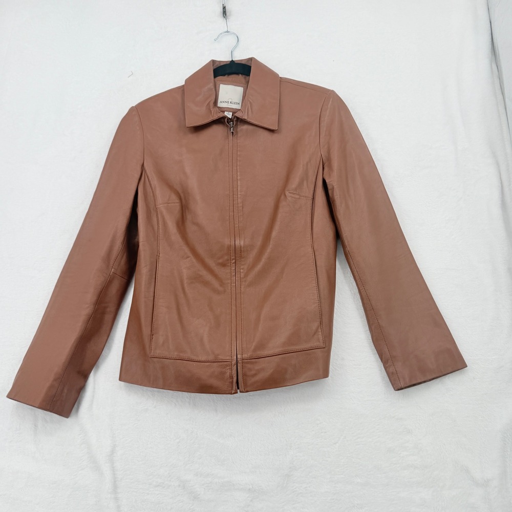 Anne Klein Leather Jacket Women Small Brown Excellent Lambskin Zip Up Coat